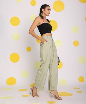 Solid mint green relaxed wide legs lycra twill high waist korean pants 5