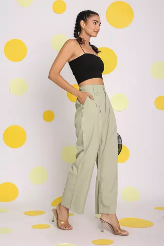 Solid mint green relaxed wide legs lycra twill high waist korean pants