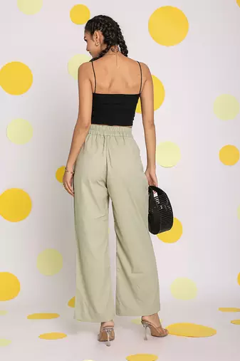 Solid mint green relaxed wide legs lycra twill high waist korean pants