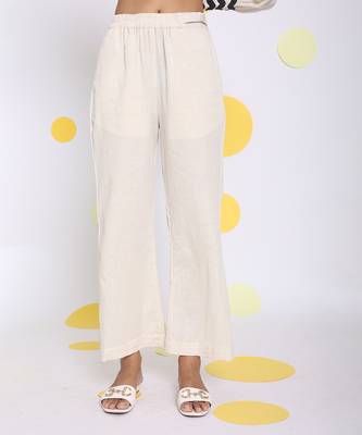 Off white summer relaxed wide leg linen pants 1