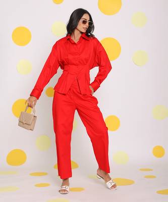 Red summer relaxed wide leg 100% cotton pants 3