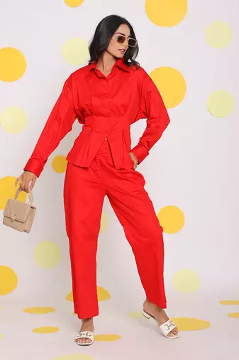 Red summer relaxed wide leg 100% cotton pants