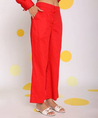 Red summer relaxed wide leg 100% cotton pants 4
