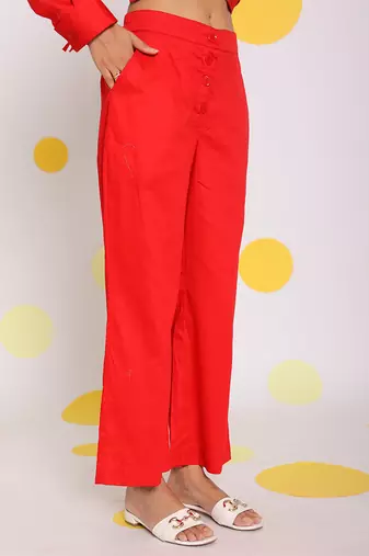 Red summer relaxed wide leg 100% cotton pants
