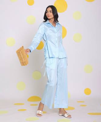 Sky blue summer relaxed wide leg 100% cotton pants 3