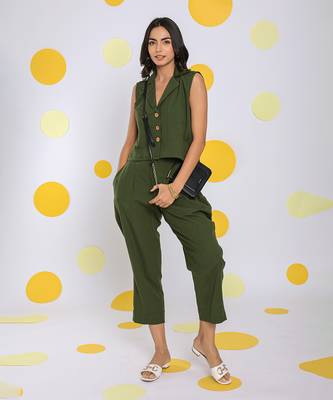 Olive green summer relaxed formal 100% cotton pants 3