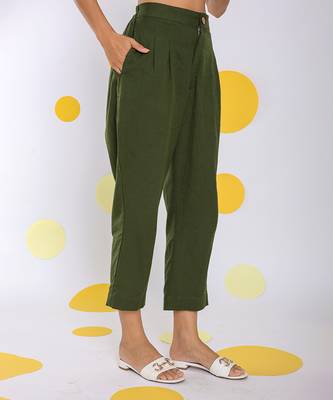 Olive green summer relaxed formal 100% cotton pants 4