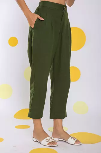 Olive green summer relaxed formal 100% cotton pants