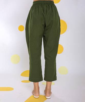 Olive green summer relaxed formal 100% cotton pants 5