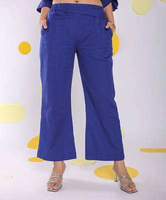 Royal blue summer relaxed waist cross tie up wide leg linen pants 1