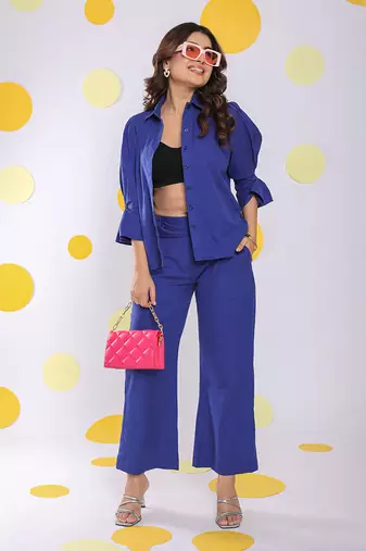 Royal blue summer relaxed waist cross tie up wide leg linen pants