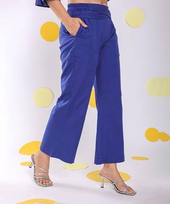 Royal blue summer relaxed waist cross tie up wide leg linen pants 3