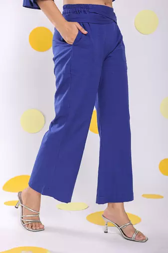 Royal blue summer relaxed waist cross tie up wide leg linen pants