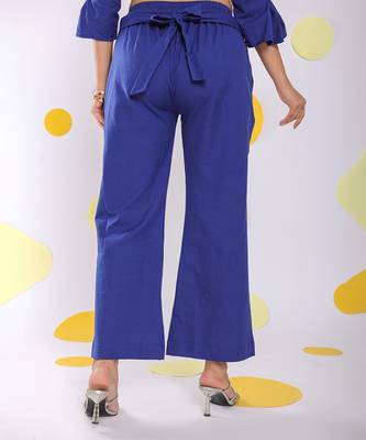 Royal blue summer relaxed waist cross tie up wide leg linen pants 4