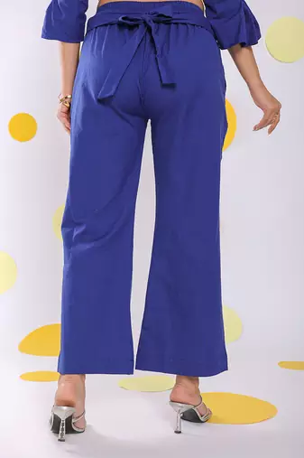 Royal blue summer relaxed waist cross tie up wide leg linen pants