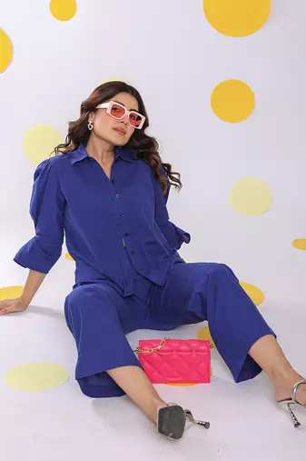 Royal blue summer relaxed waist cross tie up wide leg linen pants
