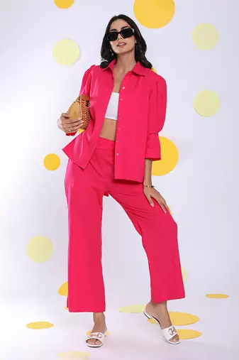 Hot pink summer waist cross tie up  relaxed wide leg linen pants