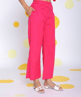 Hot pink summer waist cross tie up  relaxed wide leg linen pants 3