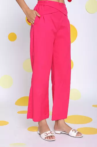 Hot pink summer waist cross tie up  relaxed wide leg linen pants