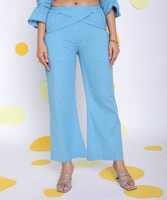 Sky blue summer waist cross tie up relaxed wide leg formal linen pants 1