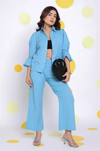 Sky blue summer waist cross tie up relaxed wide leg formal linen pants