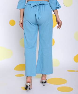 Sky blue summer waist cross tie up relaxed wide leg formal linen pants 5