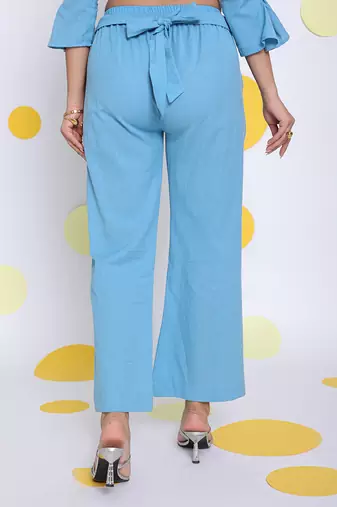 Sky blue summer waist cross tie up relaxed wide leg formal linen pants