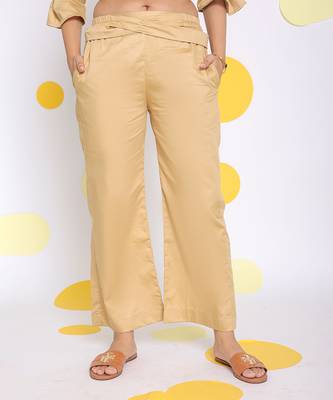 Beige summer relaxed  waist cross tie up  wide leg formal 100% cotton pants 1