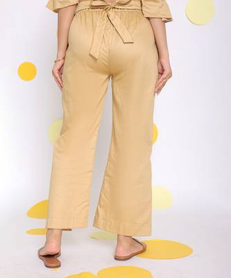 Beige summer relaxed  waist cross tie up  wide leg formal 100% cotton pants 4