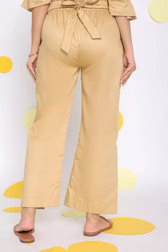 Beige summer relaxed  waist cross tie up  wide leg formal 100% cotton pants