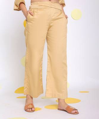 Beige summer relaxed  waist cross tie up  wide leg formal 100% cotton pants 5
