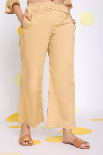 Beige summer relaxed  waist cross tie up  wide leg formal 100% cotton pants