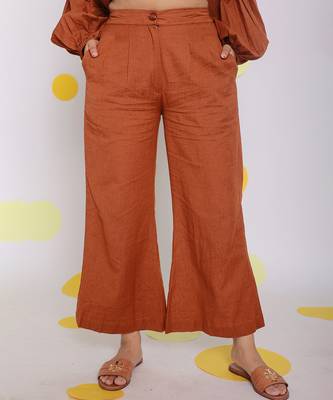 Brown relaxed back elastic and buttoned formal linen pants 1