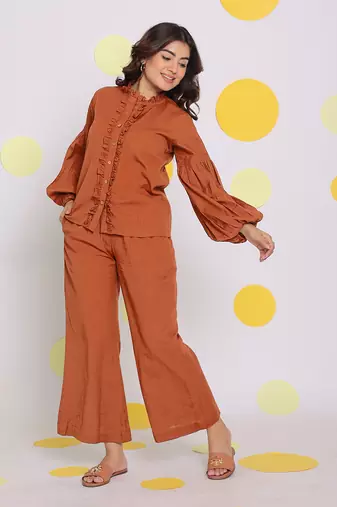 Brown relaxed back elastic and buttoned formal linen pants