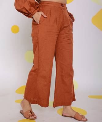 Brown relaxed back elastic and buttoned formal linen pants 4