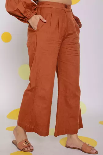 Brown relaxed back elastic and buttoned formal linen pants