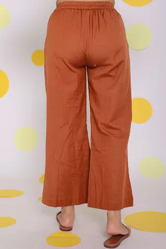 Brown relaxed back elastic and buttoned formal linen pants