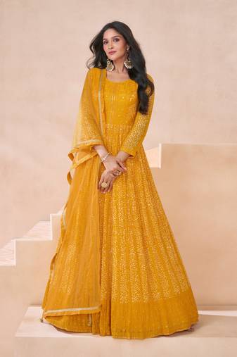 Yellow embroidered georgette semi-stitched anarkali salwar suit