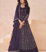 Wine embroidered georgette semi-anarkali salwar suit