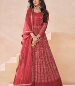 Red embroidered georgette semi-anarkali salwar suit