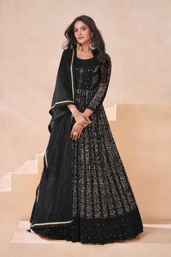 Black embroidered georgette semi-stitched anarkali salwar suit