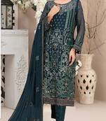 Navy blue embroidered faux georgette semi stitched salwar suit