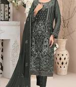 Dark grey embroidered faux georgette semi stitched salwar suit