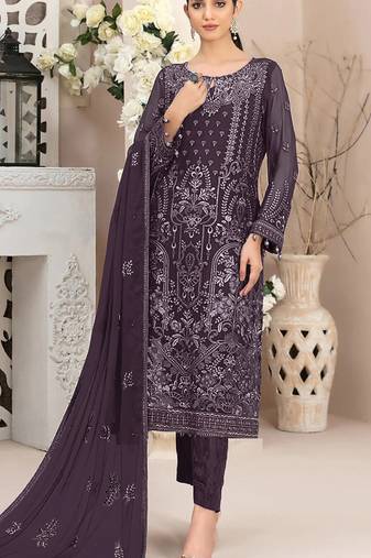 Purple embroidered faux georgette semi stitched salwar suit