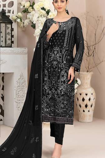 Black embroidered faux georgette semi stitched salwar suit