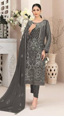 Grey embroidered faux georgette semi stitched salwar suit 1
