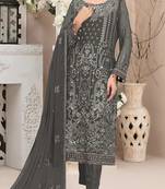 Grey embroidered faux georgette semi stitched salwar suit