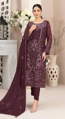 Wine embroidered faux georgette semi stitched salwar suit 1