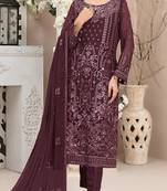 Wine embroidered faux georgette semi stitched salwar suit