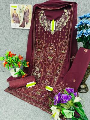 Wine embroidered faux georgette semi stitched salwar suit 2